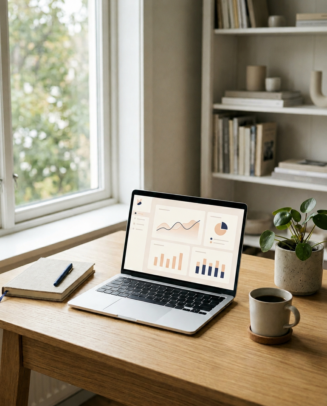 Moderne werkplek met laptop en een overzichtelijk financieel dashboard